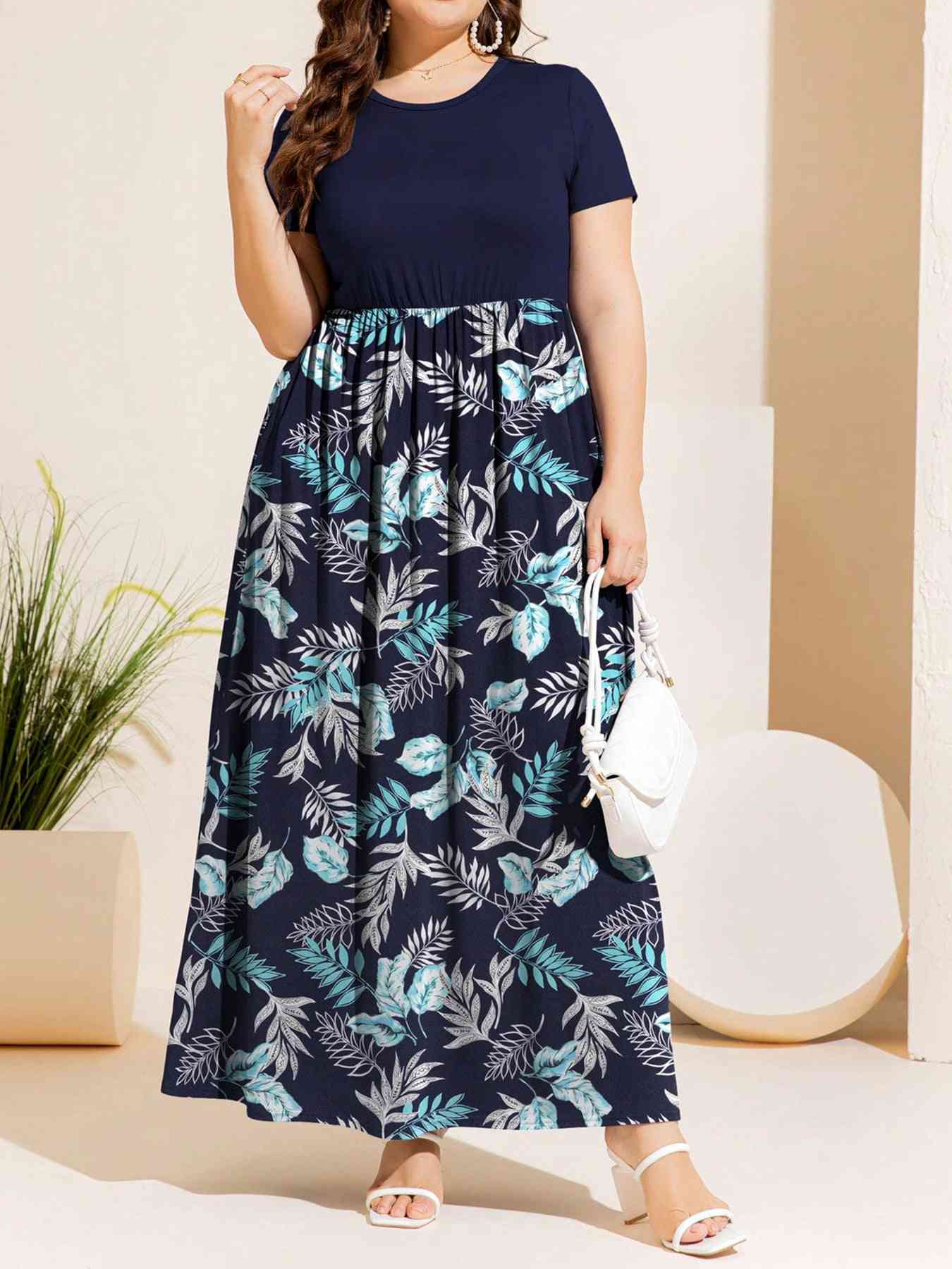 Plus Size Printed Round Neck Short Sleeve Maxi Dress - Luna Haru