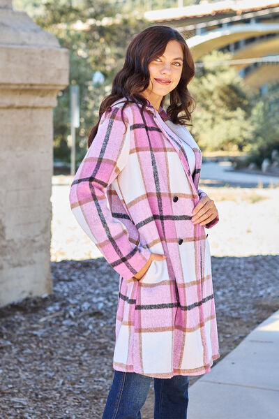 Double Take Full Size Plaid Button Up Lapel Collar Coat - Luna Haru