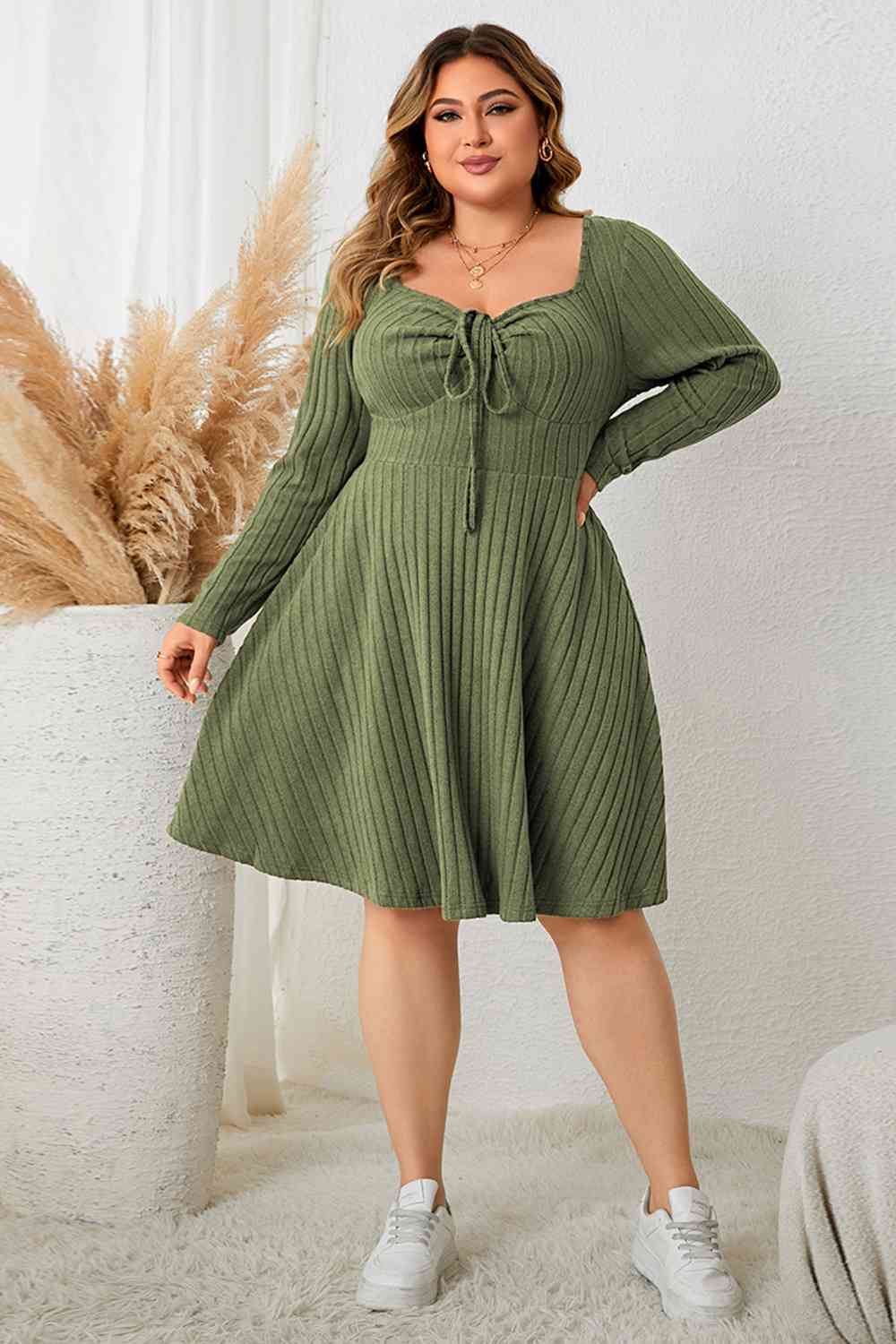 Plus Size Sweetheart Neck Long Sleeve Ribbed Dress - Luna Haru