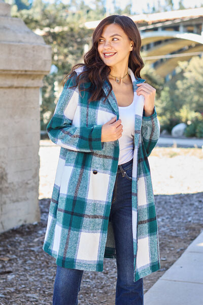 Double Take Full Size Plaid Button Up Lapel Collar Coat - Luna Haru