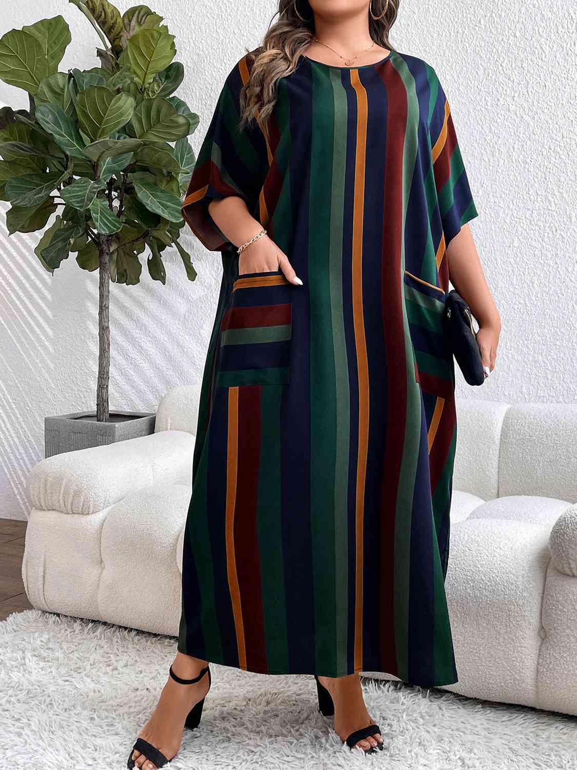 Plus Size Striped Maxi Dress with Pockets - Luna Haru