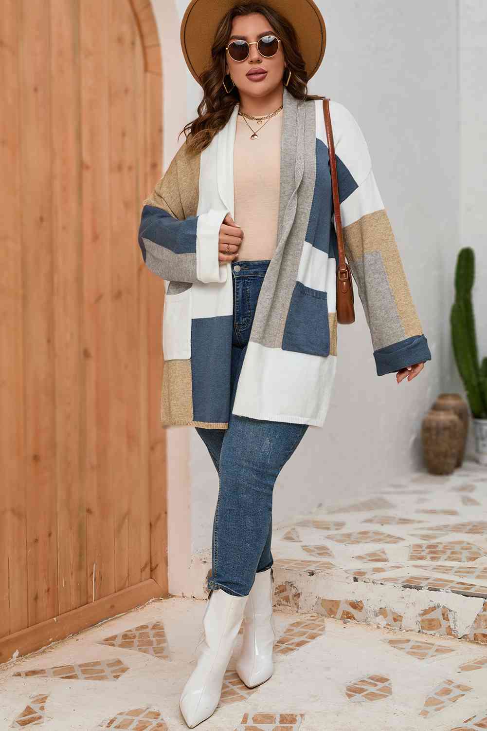 Plus Size Color Block Long Sleeve Cardigan - Luna Haru