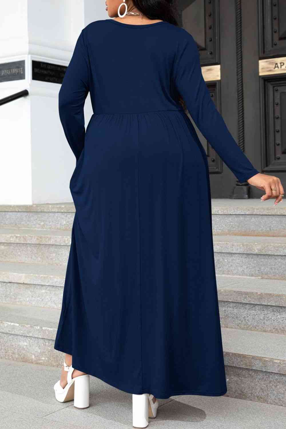 Plus Size Round Neck Long Sleeve Maxi Dress with Pockets - Luna Haru