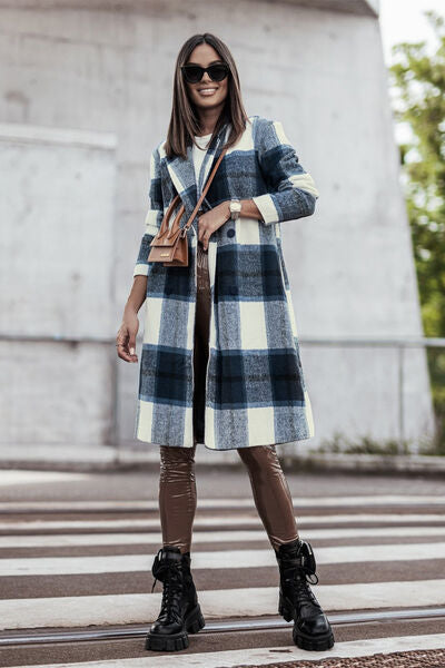 Double Take Full Size Plaid Button Up Lapel Collar Coat - Luna Haru