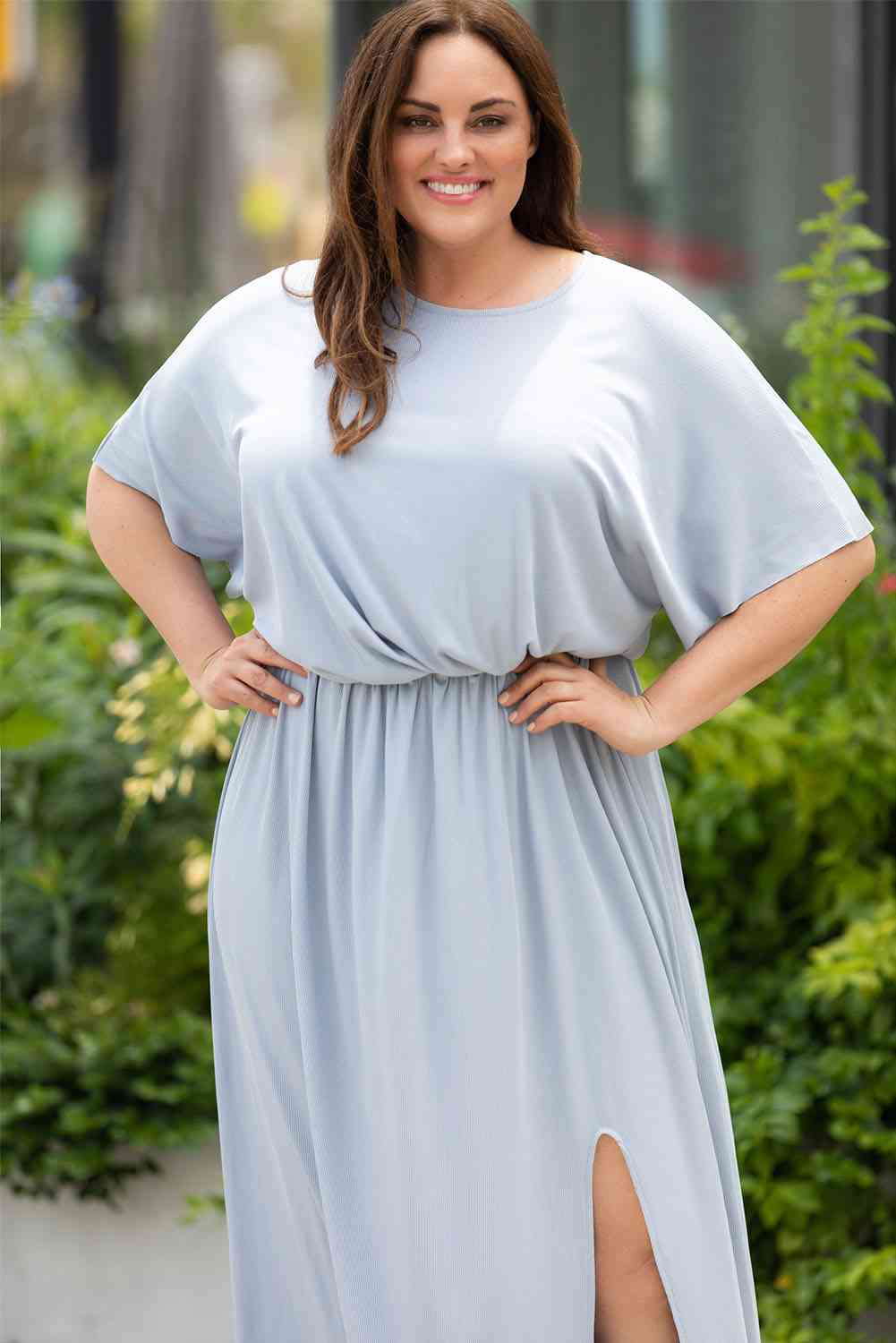 Plus Size Round Neck Split Flutter Sleeve Maxi Dress - Luna Haru