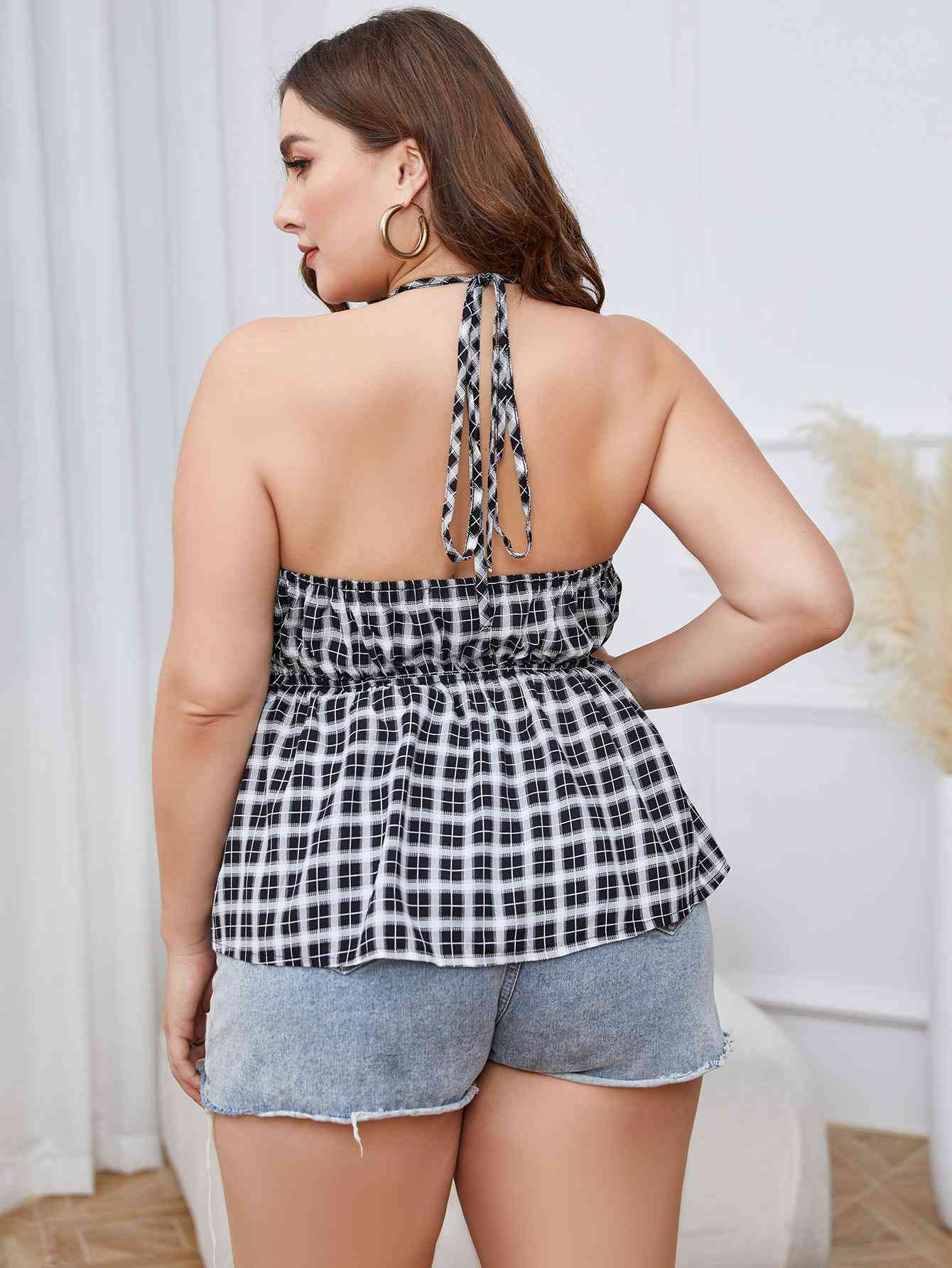 Plus Size Plaid Halter Neck Cami - Luna Haru