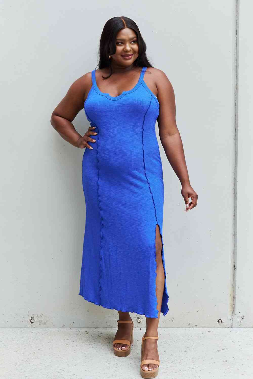 Culture Code Look At Me Full Size Notch Neck Maxi Dress with Slit in Cobalt Blue - Luna Haru