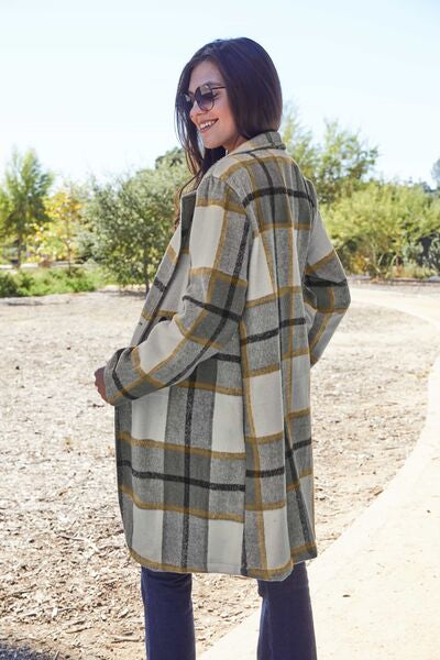 Double Take Full Size Plaid Button Up Lapel Collar Coat - Luna Haru