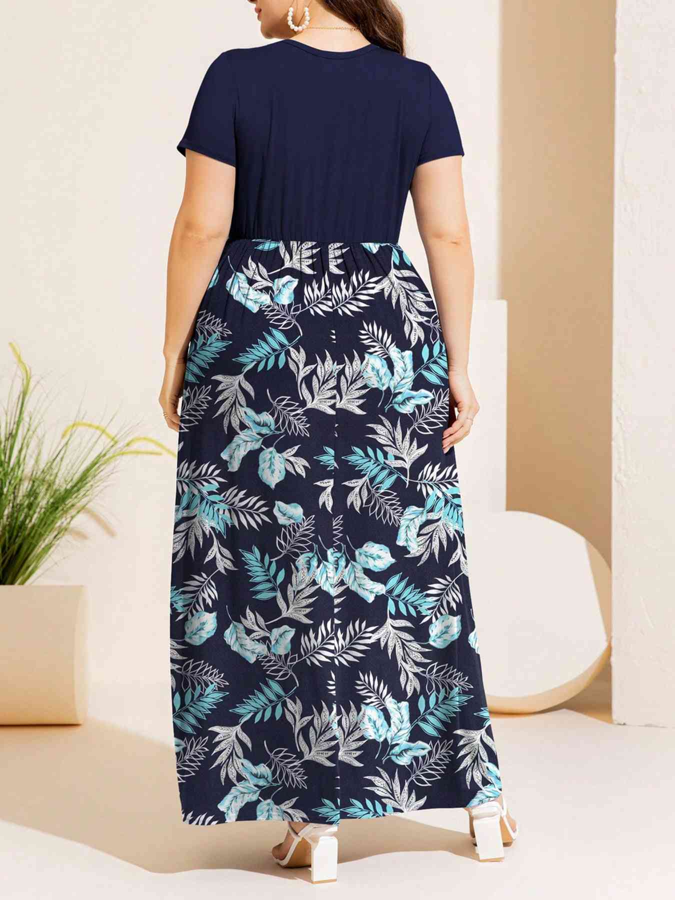 Plus Size Printed Round Neck Short Sleeve Maxi Dress - Luna Haru