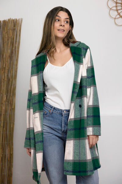 Double Take Full Size Plaid Button Up Lapel Collar Coat - Luna Haru