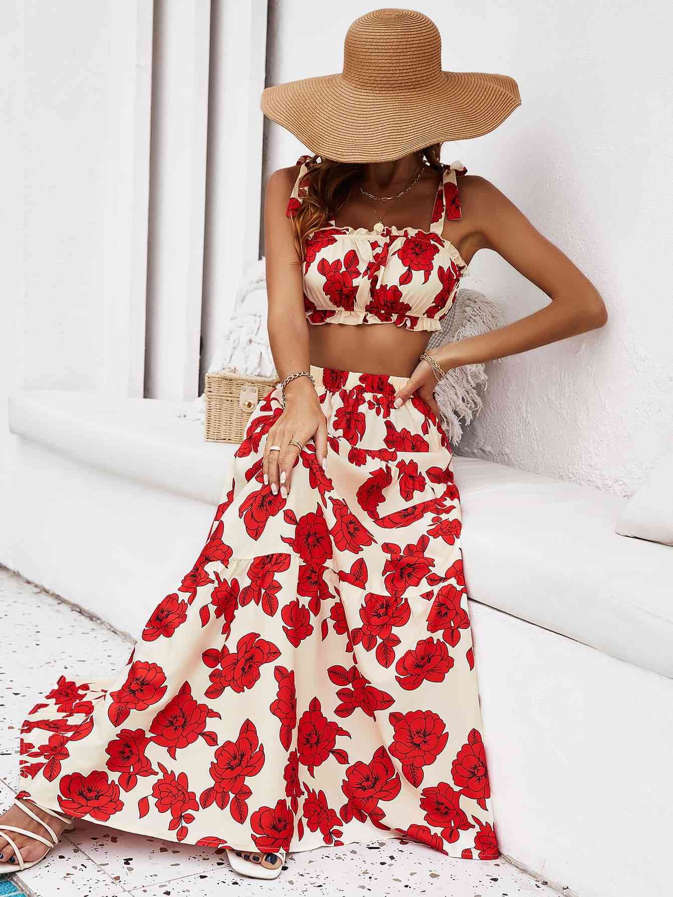 Floral Tie Shoulder Top and Tiered Maxi Skirt Set - Luna Haru