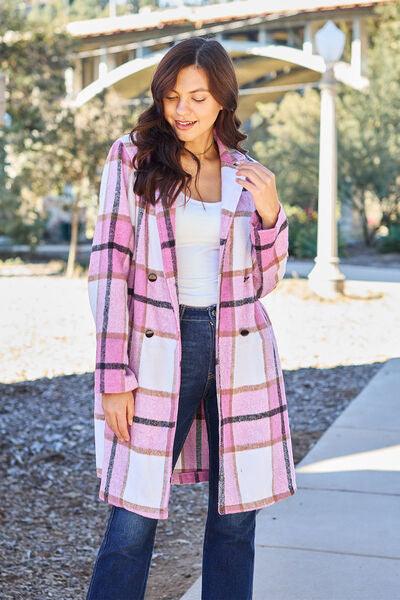 Double Take Full Size Plaid Button Up Lapel Collar Coat - Luna Haru