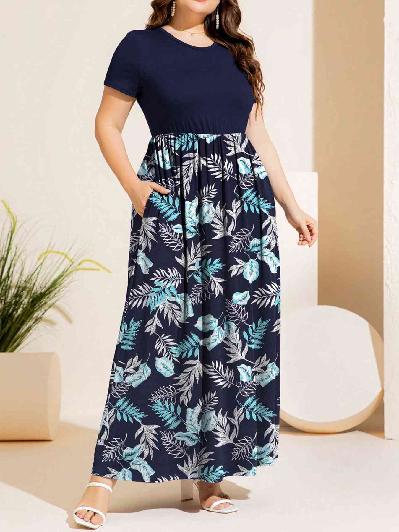 Plus Size Printed Round Neck Short Sleeve Maxi Dress - Luna Haru