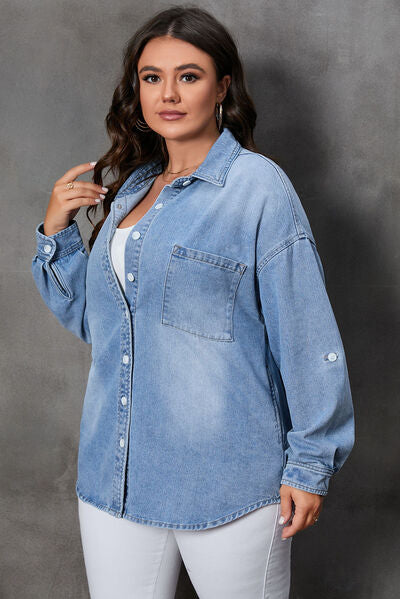 Plus Size Button Up Pocketed Denim Top - Luna Haru