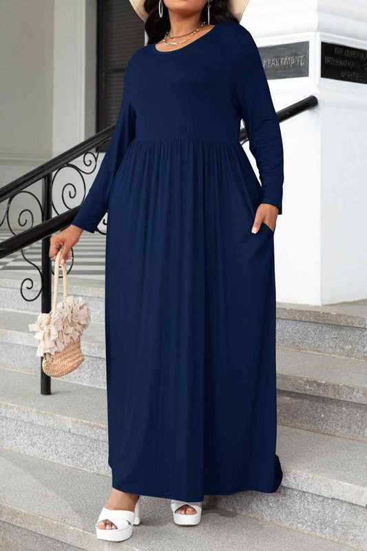 Plus Size Round Neck Long Sleeve Maxi Dress with Pockets - Luna Haru