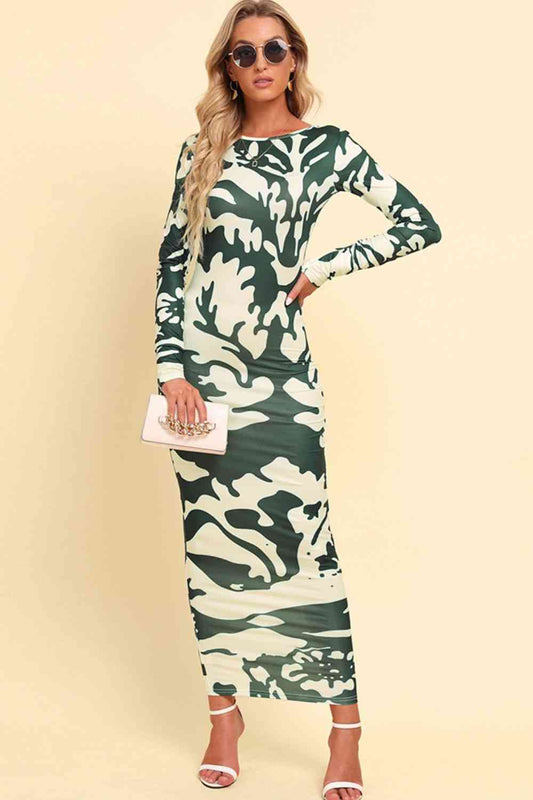 Printed Backless Long Sleeve Maxi Dress - Luna Haru