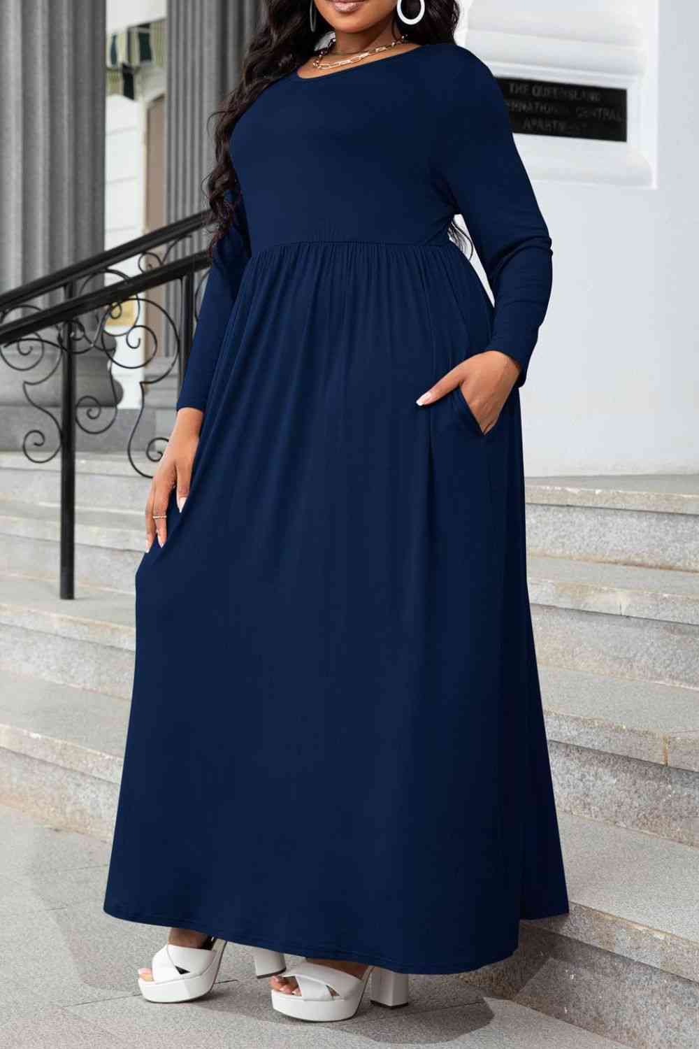 Plus Size Round Neck Long Sleeve Maxi Dress with Pockets - Luna Haru