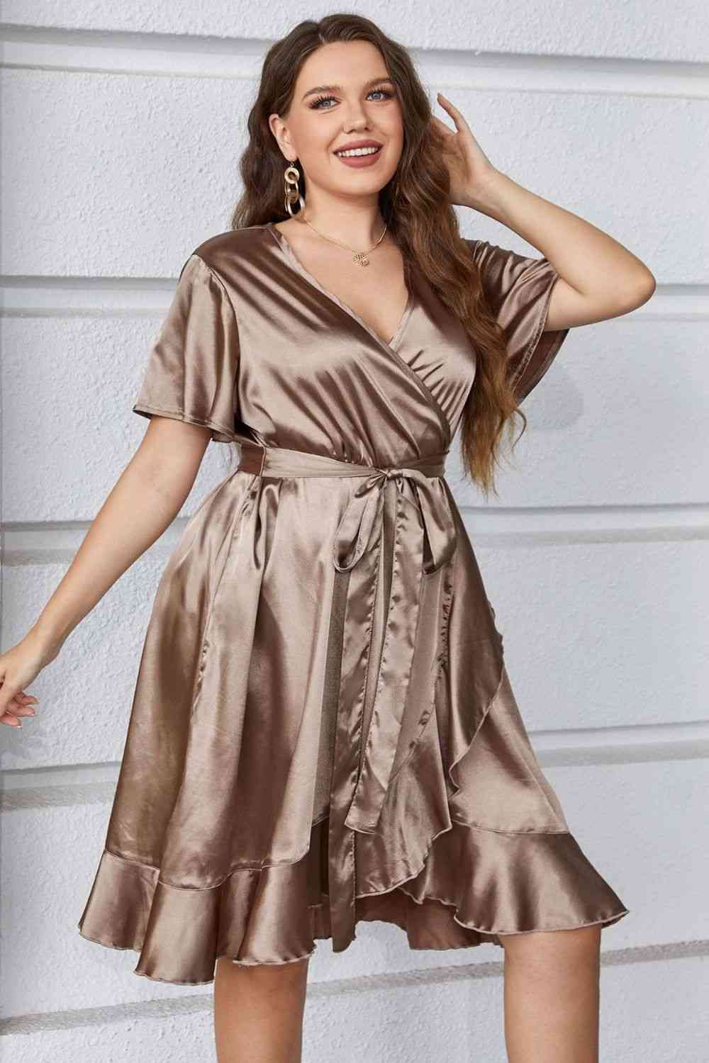 Plus Size Belted Ruffled Surplice Dress - Luna Haru