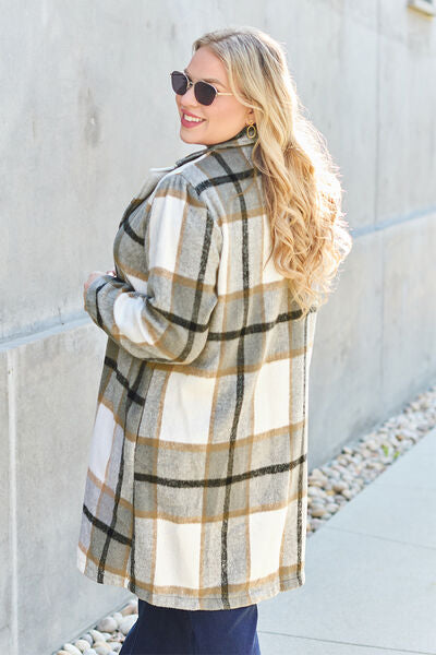 Double Take Full Size Plaid Button Up Lapel Collar Coat - Luna Haru