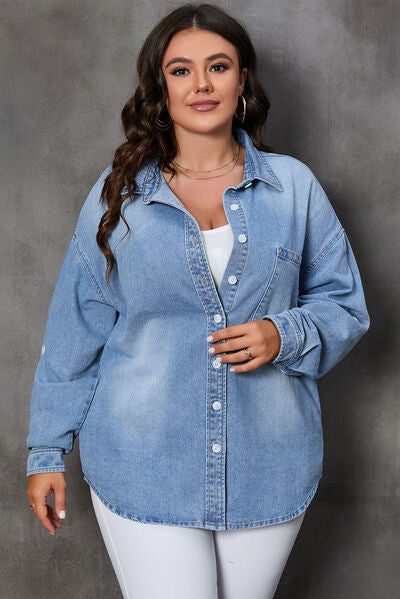 Plus Size Button Up Pocketed Denim Top - Luna Haru