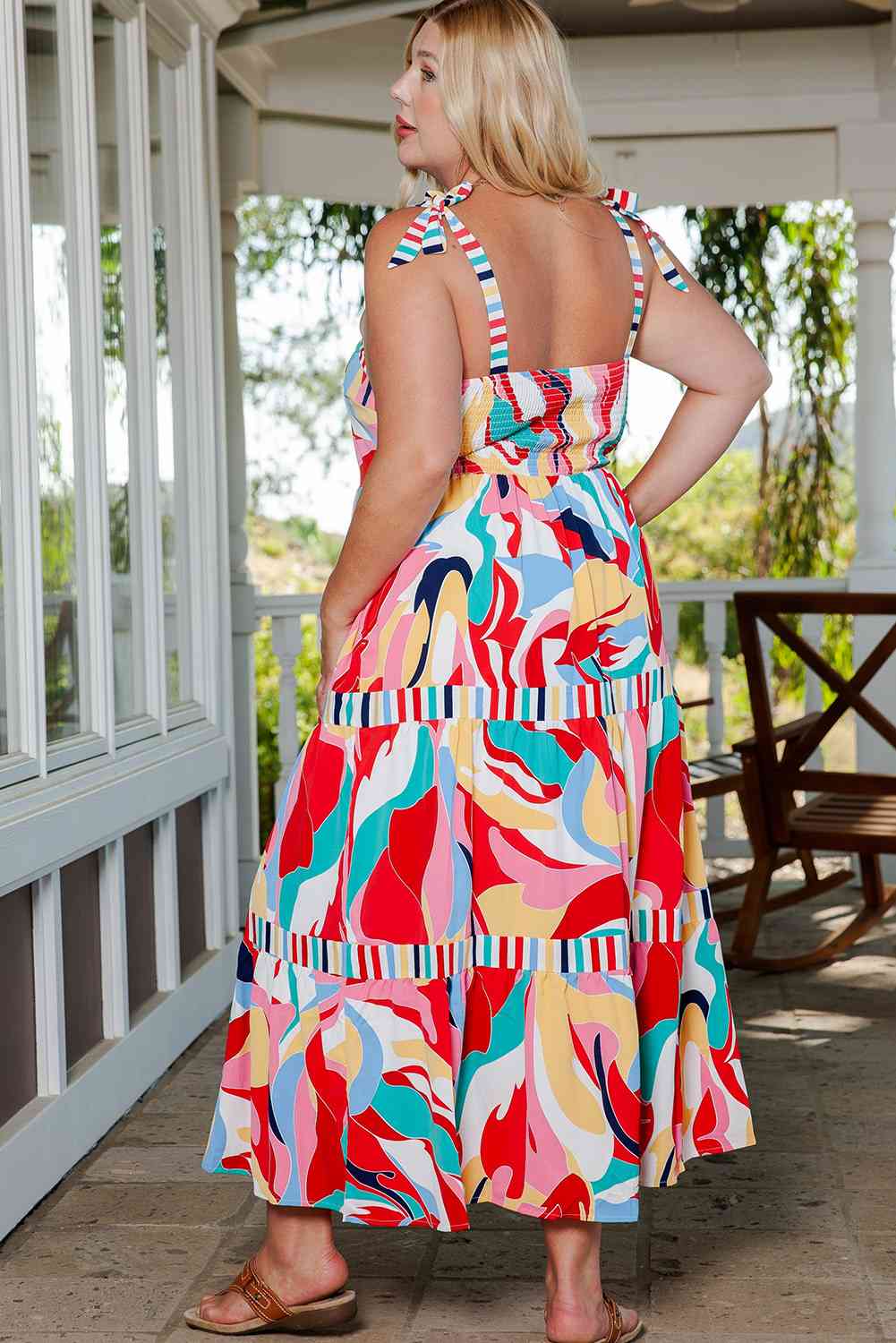 Plus Size Printed Tie Straps Straight Neck Maxi Dress - Luna Haru