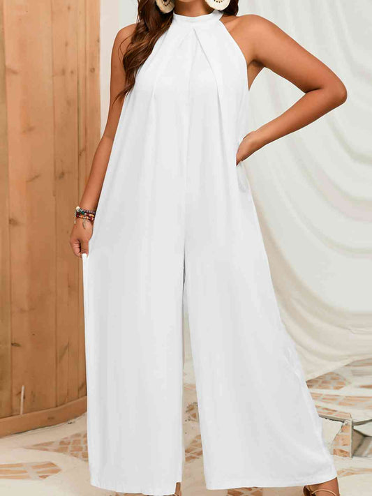 Plus Size Sleeveless Halter Neck Wide Leg Jumpsuit - Luna Haru