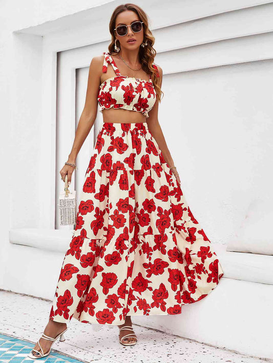 Floral Tie Shoulder Top and Tiered Maxi Skirt Set - Luna Haru