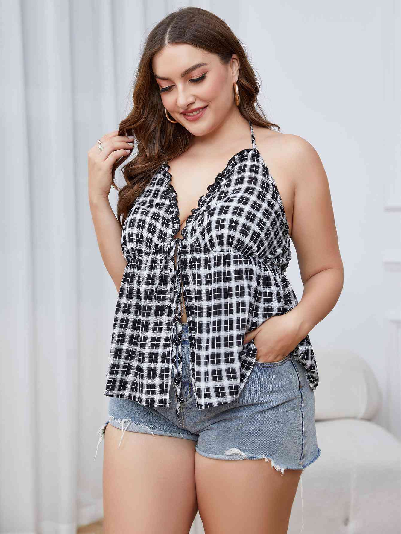 Plus Size Plaid Halter Neck Cami - Luna Haru