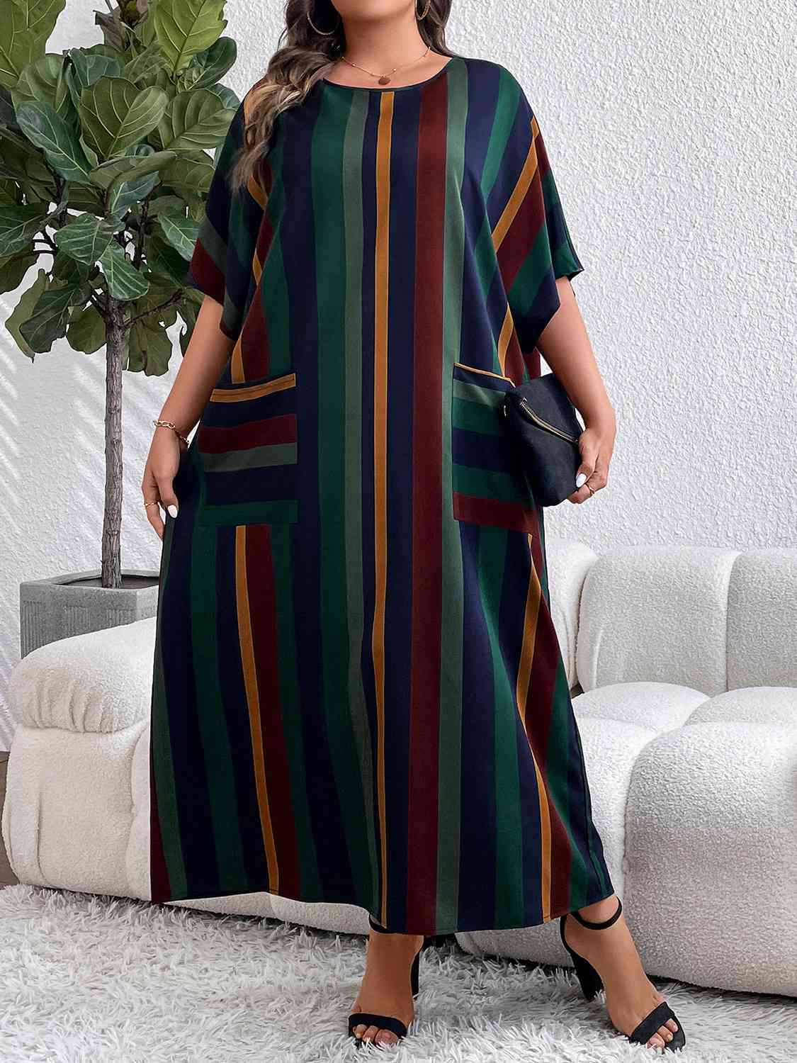 Plus Size Striped Maxi Dress with Pockets - Luna Haru