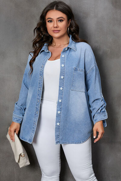 Plus Size Button Up Pocketed Denim Top - Luna Haru