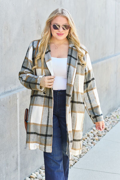 Double Take Full Size Plaid Button Up Lapel Collar Coat - Luna Haru