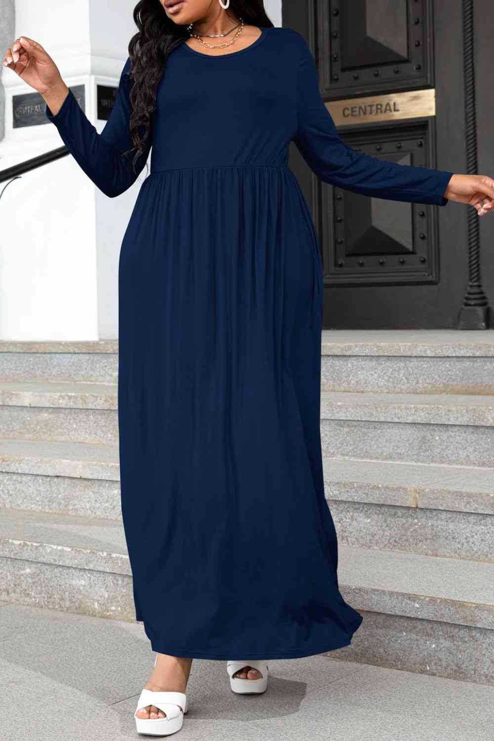 Plus Size Round Neck Long Sleeve Maxi Dress with Pockets - Luna Haru