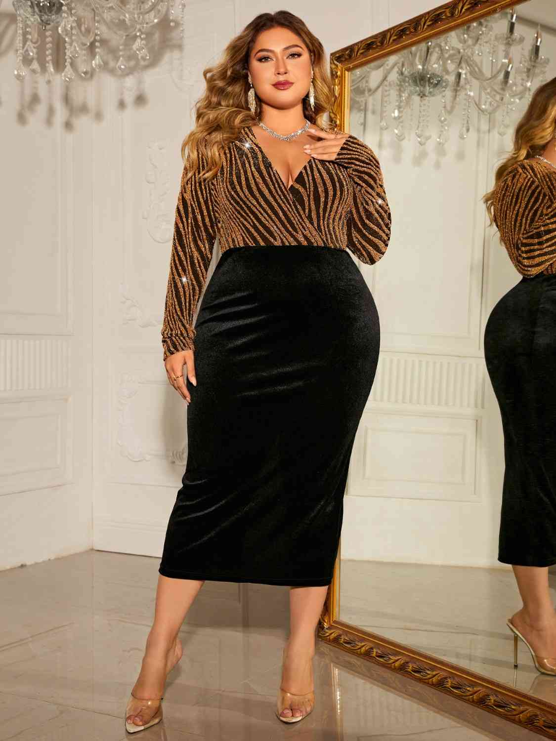 Plus Size Surplice Neck Long Sleeve Slit Dress - Luna Haru