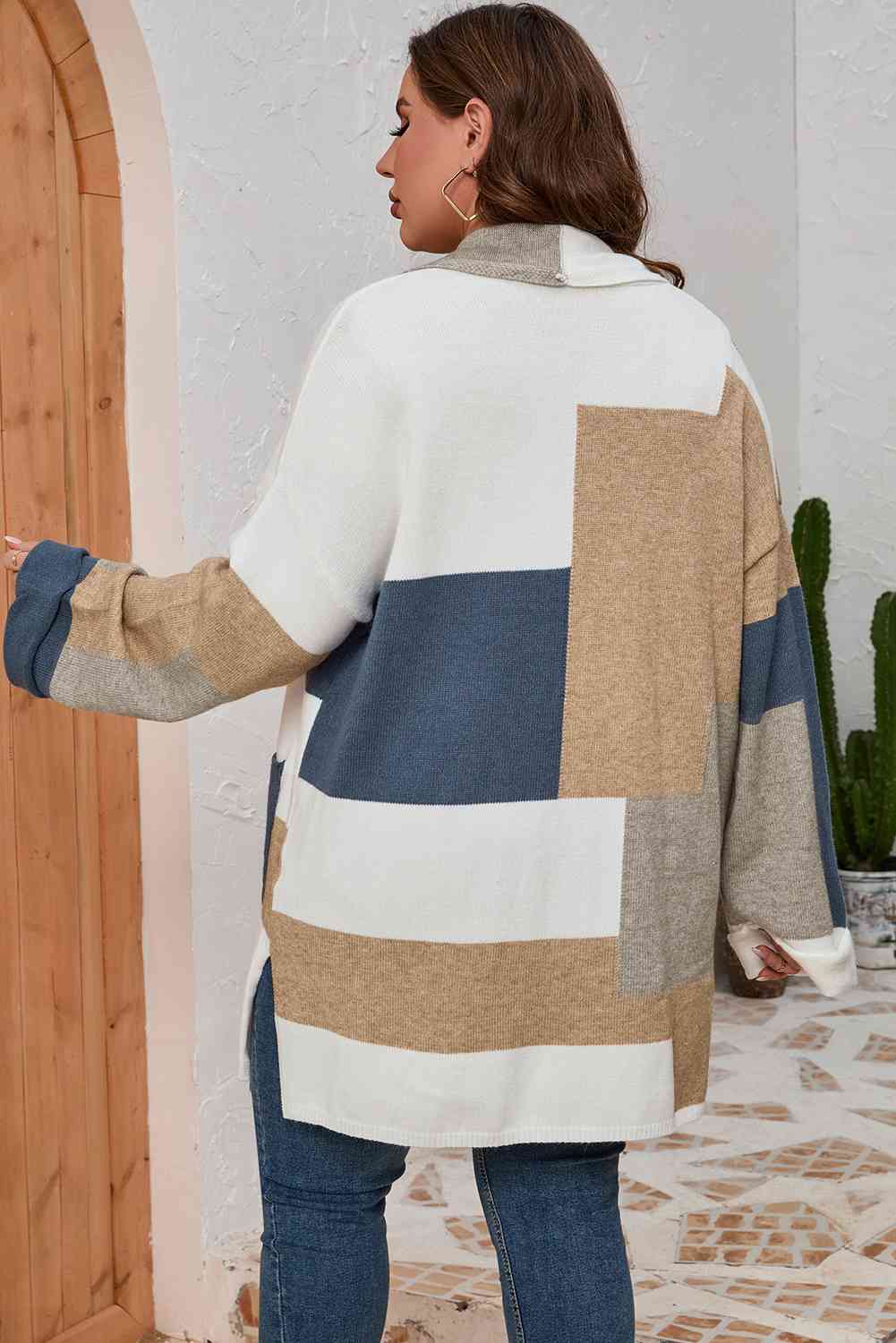 Plus Size Color Block Long Sleeve Cardigan - Luna Haru